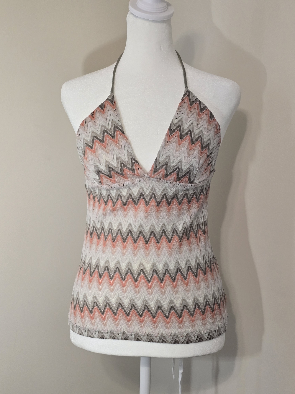 Vintage Mandee Halter Neck Chevron Knit Tank Top - Coral, Gray, White